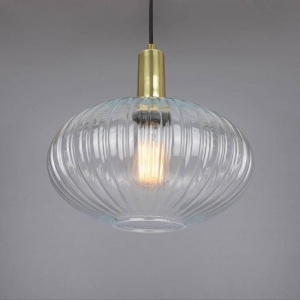 Neith Oval Reeded Glass and Brass Pendant 30cm