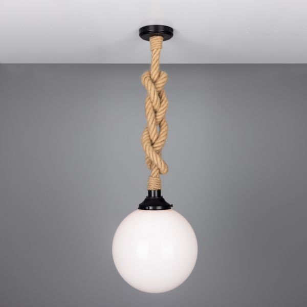 Azores Jute Rope Pendant Light with Opal Glass Globe 30cm IP44