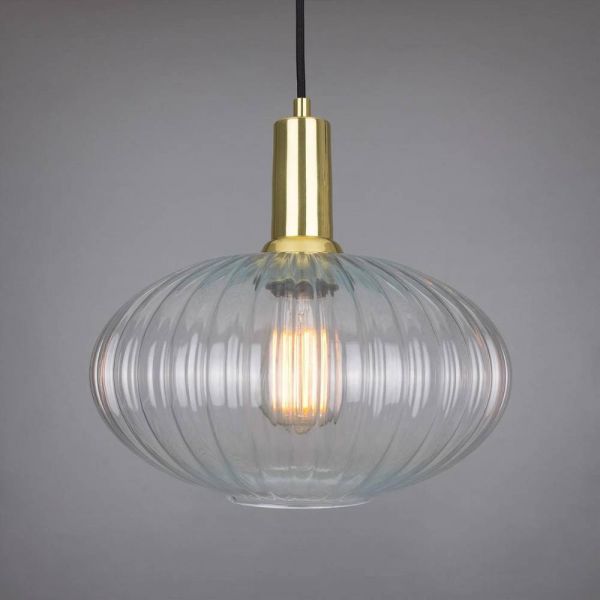 Neith Oval Reeded Glass and Brass Pendant 30cm